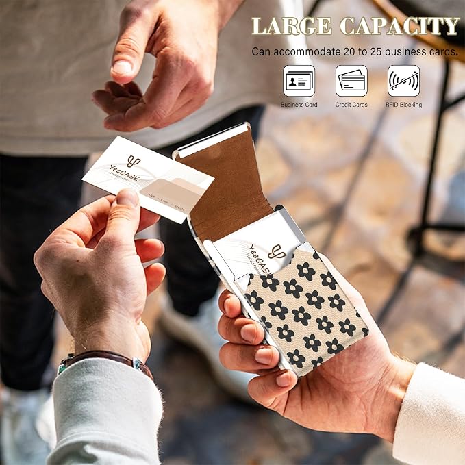2Pack Leather Stainless Steel Business Card Holder, Metal Slim Business Card Case for Women or Men, Pocket Business Card Carrier with Prints, Magnetic Closure, RFID Blocking