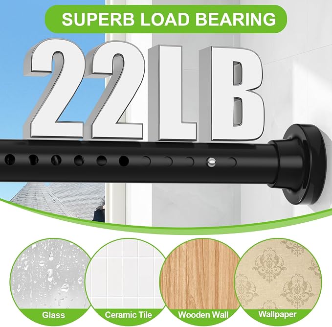 Long Tension Curtain Rod 40-148inch Black Curtain Rods no Drilling Adjustable Tension Rod for Windows,bathroom,Patio,Doorway,Heavy Duty Spring Rods Diameter 1.26inch
