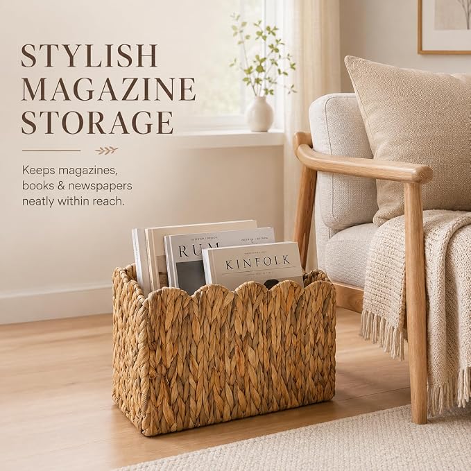 Water Hyacinth Magazine Holder, Tall Narrow Scalloped Basket | Wicker Book Basket Natural Water Hyacinth Scalloped Edge Magazine Basket Desk, Office, Entryway Storage 15"L x 6"W x 11"H