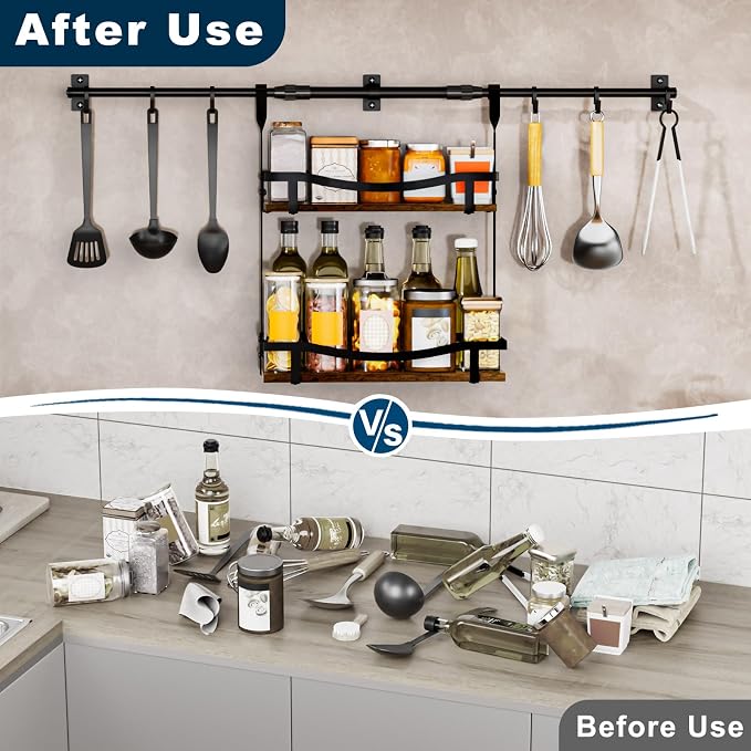 Upgraded Wooden Adjustable Wall-Mounted Condiment Rack,6 pack kitchen hooks,heavy-duty kitchen wall shelf, suitable for use as an over-the-stove shelf, coffee shelf, or shower wall caddy.