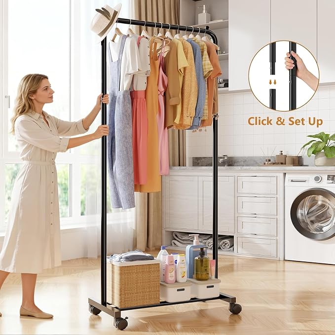 Standard Clothes Garment Rack, Portable Double Clothing Rack with Wheels and Bottom Shelf, Rolling Wardrobe Rack for Bedroom, Laundry Room, Black