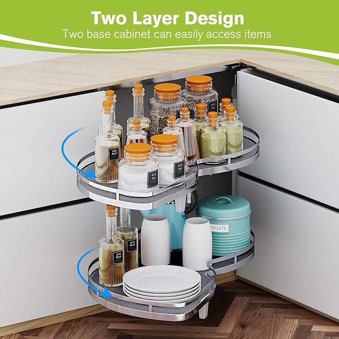 Blind Corner Cabinet Pull Out Organizer, Soft Close Swing Left Pull Out Cabinet Organizer 26 inch, Corner Cabinet Lazy Susan for Cabinet Blind Shelf, 2 Tiers Tray, Adjustable Height