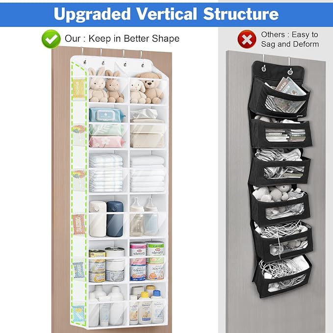 Univivi Over the Door Organizer, 6 Tiers Large Behind Door Storage, White | Large Capacity, 12 Clear Compartments, 12 Side Pockets, Door Hanging Organizer for Closet, Bedroom, Nursery, Sundries