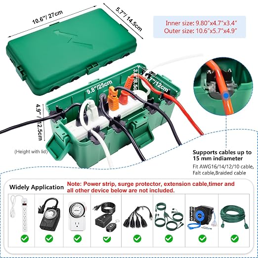 Hrensaw Medium Outdoor Electrical Box(10.6x5.5x4.5inch),IP54 Waterproof Extension Cord Cover w/6 Cable Entry,Weatherproof Connection Box Protect Power Strip,Timer,Plug,Holiday Lights,Green