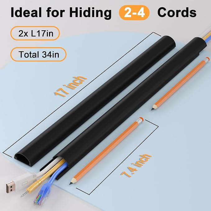 ZhiYo 34in Cord Hider for 2-4 Wall-Mounted TV Wires, 1.4" W x 0.7" H, Black | Split-Hinge Design for Easy Installation, Half-Round Glazed Finish Ideal for Wall/Baseboard, Self-Adhesive, 2 Pack (17" Each)