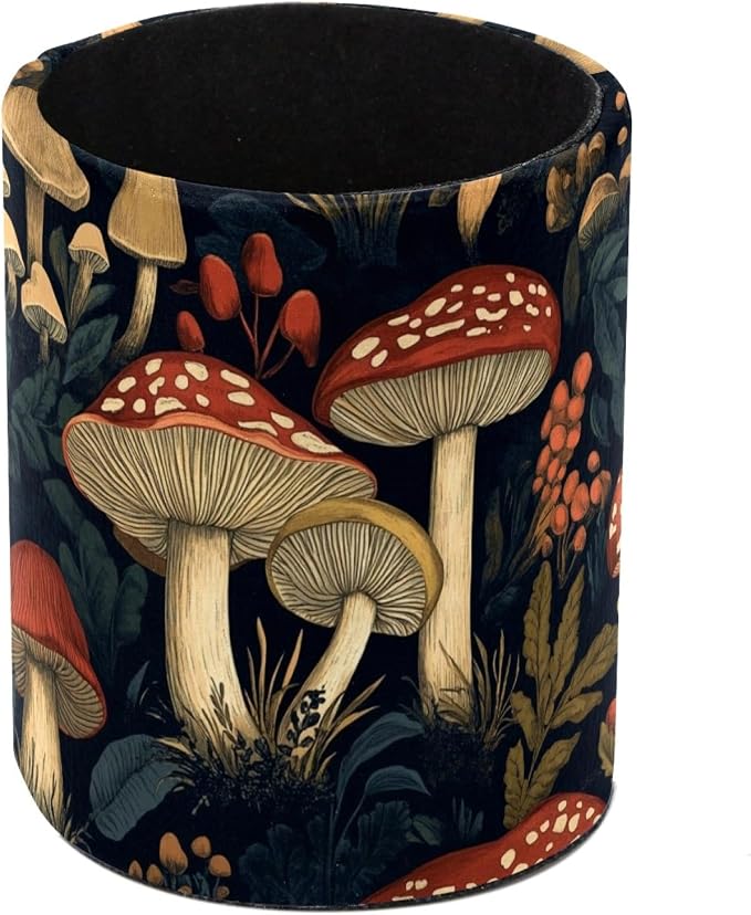 Leather Pen Holder for Desk, Vintage Mushroom Pencil Cup Pen Organizer Makeup Brush Holder for Office Home Kids Countertop Desk Accessory Storage