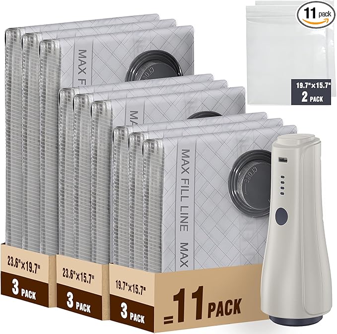 QcoQce Vacuum Storage Bags with Rechargeable Electric Pump, Space Saver Bags for Travel, Vacuum Seal Bags for Clothing, Bedding, Seasonal Storage, Compression Packing Bags for Suitcase