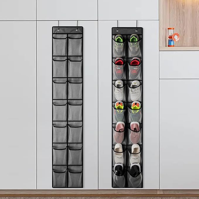 KEEPJOY 2 Pack Grey14 Pockets Over the Door Shoe Organizer, Hanging Shoe Organizer with 4 Hooks Door Shoe Holder with Mesh Deep Pockets Closet Door Shoe Storage Bag (Grey-2Pack)