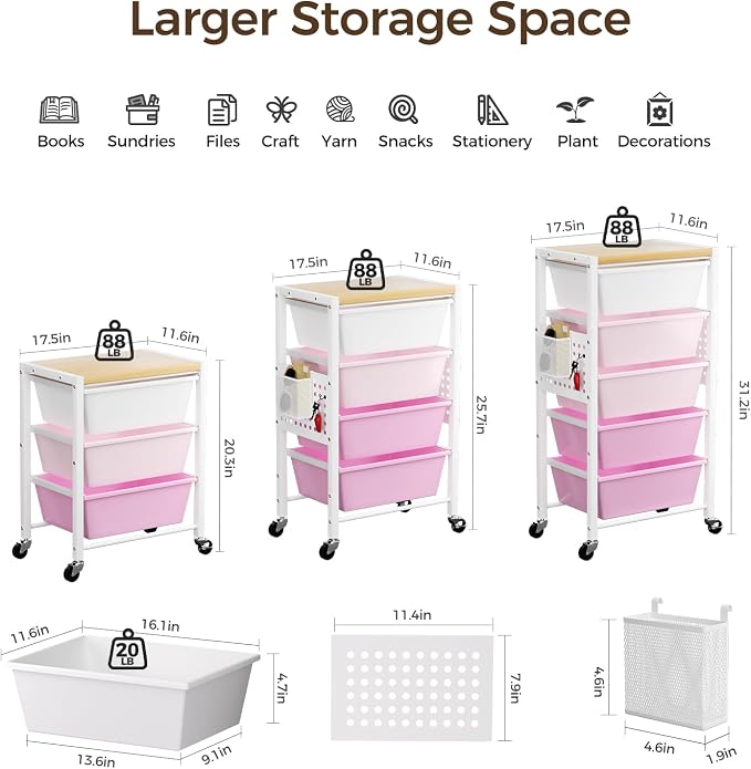 Rolling Cart with 3 Drawers, Plastic Drawer Storage Carts with Lockable Wheels & Wooden Tabletop, Metal Utility Cart Organizer, Office Bedroom Classroom Craft Organization and Storage, Bright Pink