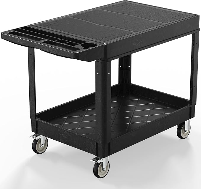 Plastic Utility Cart on Wheels, Large Flat Top Rolling Service Cart-Black | 46 x 25 Inch 2 Shelf Work Carts, 500 lbs Capacity Heavy Duty Tool Cart W/Tub Storage, for Warehouse, Garage, Cleaning