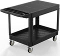 Plastic Utility Cart on Wheels, Large Flat Top Rolling Service Cart-Black | 46 x 25 Inch 2 Shelf Work Carts, 500 lbs Capacity Heavy Duty Tool Cart W/Tub Storage, for Warehouse, Garage, Cleaning