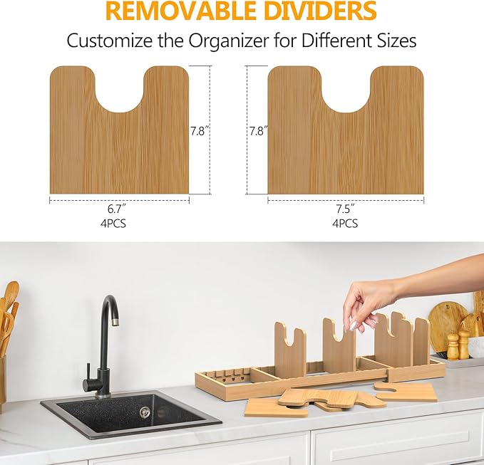 Pots and Pans Organizer Under Cabinet,Bamboo Pot Lid Organizer | Expandable Pan Organizer, Pot and Pan Organizer Rack for Kitchen Countertop or inside Cabinet