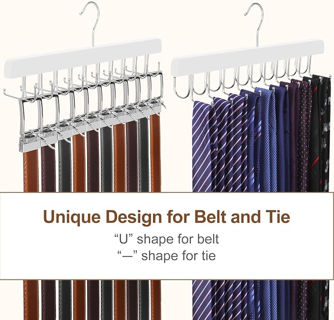 TOPIA HANGER 20 Hooks 2 in 1 Belt Tie Hanger for Closet Max 30 Belts with 30 Ties Capacity, Belt Tie Racks Wooden Hanger for Closet Organizer Storage “U” Fit for Belt and “一” Fit for Tie - CT47W