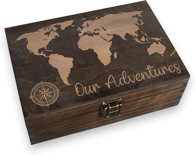 Engraved Adventure Memory Box – Wooden Keepsake Box for Travel Memories, Camping, Couples and Valentine’s Day, Rustic Storage, Medium Size, Dark Walnut – 8.5 x 6 x 3 in
