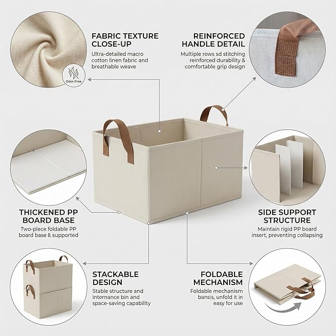 3 Pack Storage Bins Fabric Collapsible Organizers with Handles Sturdy Canvas with PP Board 17.9”x 11”x 7.9” Beige Foldable Storage Box for Closet Shelves, Books, Toys, Clothes, Office Organization