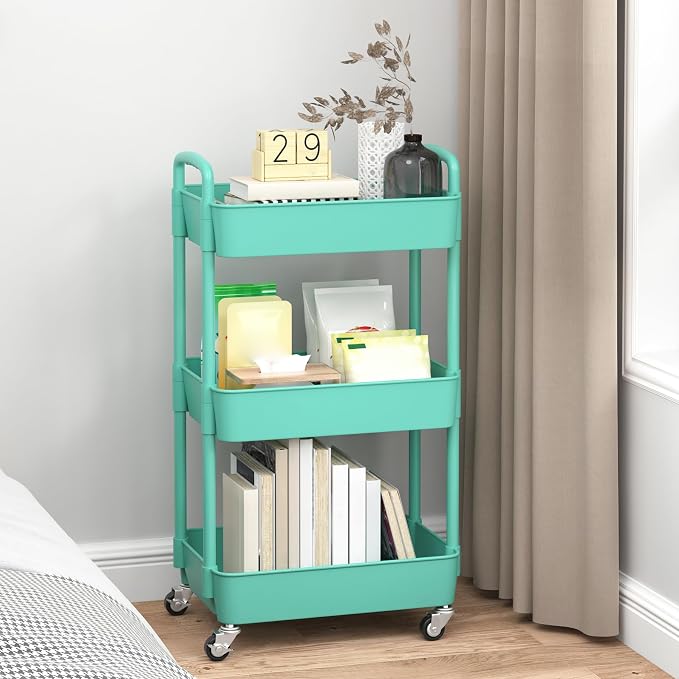 Sywhitta 3-Tier Plastic Rolling Utility Cart with Handle, Multi-Functional Storage Trolley for Office, Living Room, Kitchen, Movable Storage Organizer with Wheels, Green