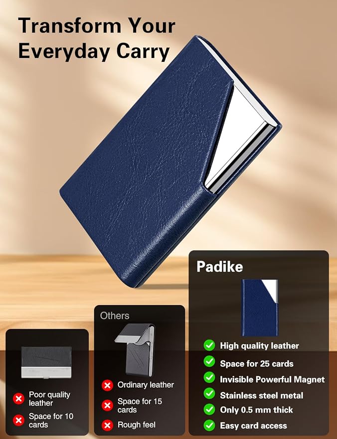 Padike Business Card Holder, Leather Business Card Case Pocket Card Holders for Men or Women, Metal Slim Name Card Holder RFID Blocking Business Card Carrier with Magnetic Closure(Z-Navy Blue)