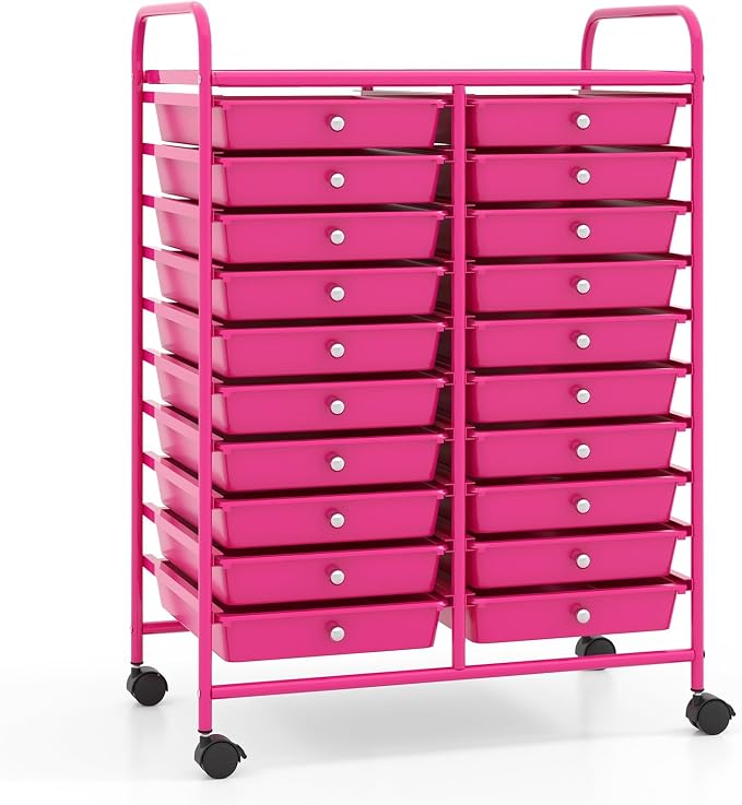 LDAILY 20-Drawer Rolling Storage Cart, Rolling Storage Cart, Storage Organizer on Wheels, Metal Frame, Scrapbook Paper Tools, Suitable for Office School, Classroom (Hot Pink, 20 Drawer)
