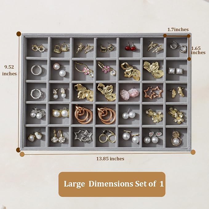 Large Jewelry Organizer for Drawer Insert Velvet Stackable Jewelry Trays for Earring Necklace Bracelet Ring Display (Gray, 35 Grids)