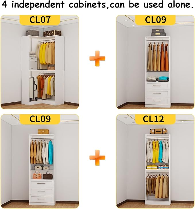 Closet System with 6 Drawers, Corner Closet Organizer System with 10 Hanging Rods Heavy Duty Walk in Wooden Modular Closet Storage System L-Shaped U -Shaped Freestanding 4 Sets 2500+ Lbs White