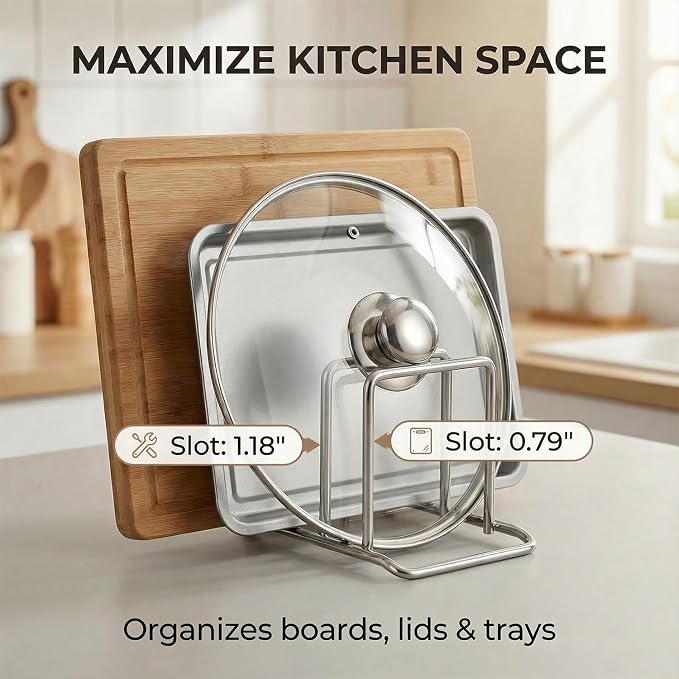 Stainless Steel Cutting Board Organizer,Cutting Board Holder Stand，Pot Lid Organizer, Kitchen Storage Rack for Lids and Boards,Cutting Board Stand for Countertop-(Black)