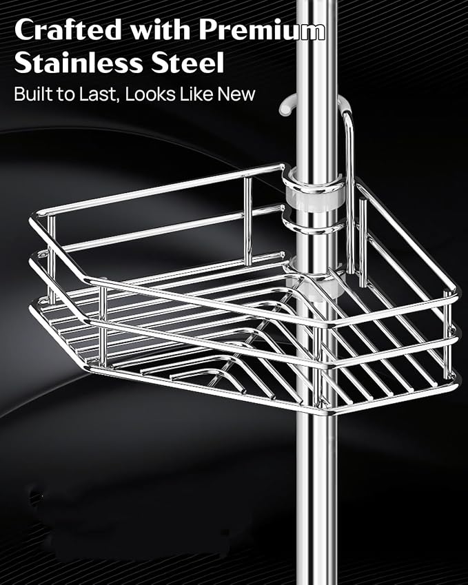 SEIRIONE Corner Shower Caddy Tension Pole, Quick Setup, Rust-Free Bathroom Shower Organizer Corner for Bathtub Shampoo Storage, 4-Tier Adjustable Shelf, Drill Free, Fits 34 to 116 Inch Height, Silver