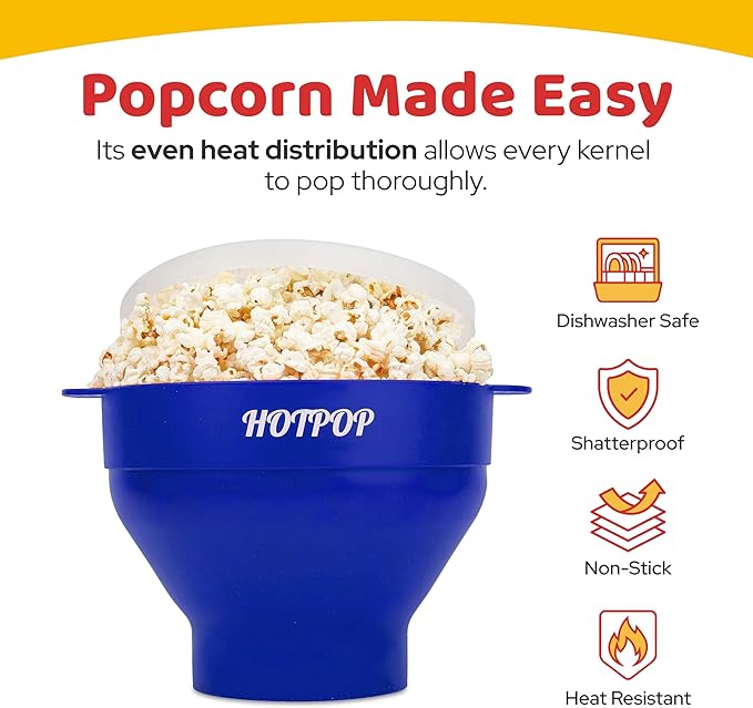 The Original Hotpop Microwave Popcorn Popper, Silicone Popcorn Maker, Collapsible Bowl BPA-Free and Dishwasher Safe- 20 Colors Available (Blue) (Pack of 2)