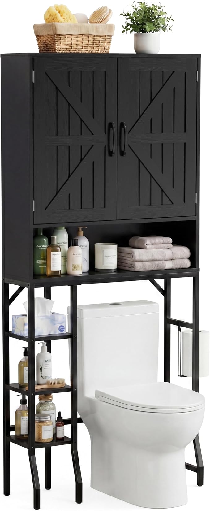 31" Over The Toilet Storage Cabinet with Barn Door,Bathroom Organizers and Storage with Adjustable Shelves, Farmhouse Over Toilet Organizer for Bathroom,Restroom,Laundry,Black