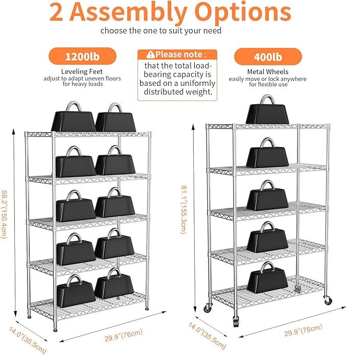 5 Tier Shelving Unit,30" Wx14 Dx62 H,Wire Shelving with Lockable Wheels,Metal Shelf Rack,Height Adjustable Wire Rack Storage Shelving Stand for Kitchen,PantryGarage,Office,Laundry,Living Room