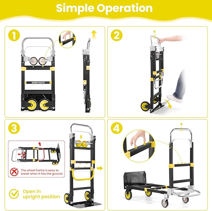3-in-1 Folding Hand Trucks, 600Lbs Convertible Hand Truck Dolly, Heavy Duty Convertible Dolly with Retractable Handle and 4 Rubber Wheels, Collapsible Cart for Moving Office/Home/Warehous(Yellow)
