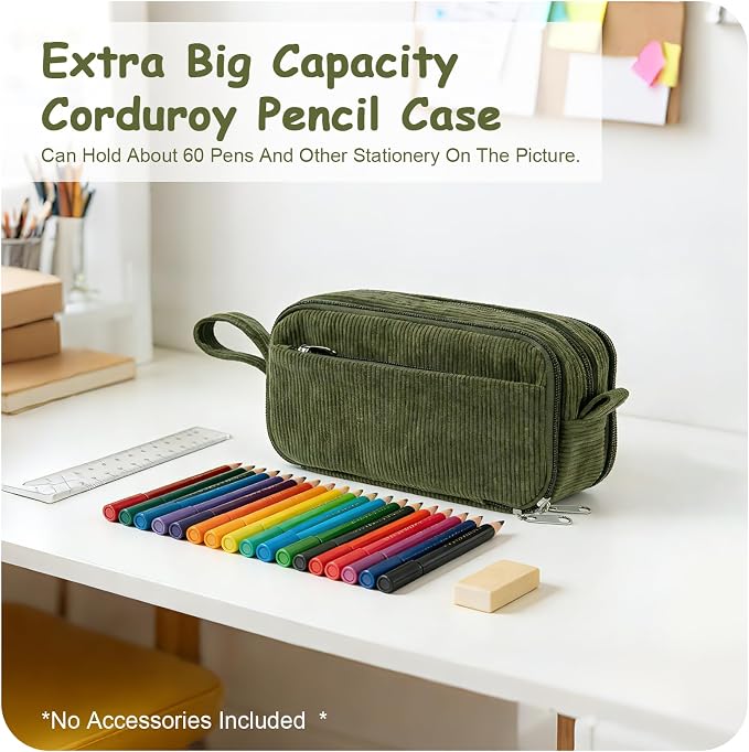 BuyCard Large Capacity Corduroy Pencil Case, Green Zipper Pouch, Aesthetic Pen Pouch, Supplies Organizer for Teen Girls Boys Women Men, Teacher Appreciation Gifts, Fathers Day Gift