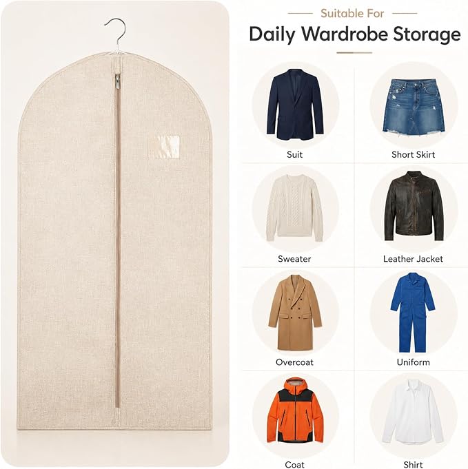 5 Pack Cotton Garment Bags for Hanging Clothes, 24 x 40 Inch | Breathable Canvas Suit Bags Linen Hanging Suit Cover for Closet Storage Short Dresses Suits Gowns Travel Garment Cover