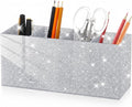 Jetec Acrylic Glitter Silver Pen Holder 4 Compartments Bling Makeup Brush Stationery Organizer Pencil Holder for Desk Accessories Sparkly Gifts for Women Back to School Birthday Desktop Office