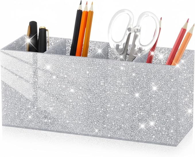 Jetec Acrylic Glitter Silver Pen Holder 4 Compartments Bling Makeup Brush Stationery Organizer Pencil Holder for Desk Accessories Sparkly Gifts for Women Back to School Birthday Desktop Office