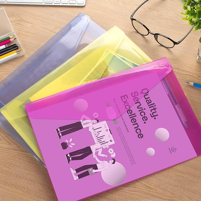 Sooez 6 Pack Plastic Envelopes File Folders, Plastic Folders with Safe Closure, Colored Folder for Documents Organizer Letter/A4 Size, Clear Filing Folder for Office School Supplies Storage, 6 Colors