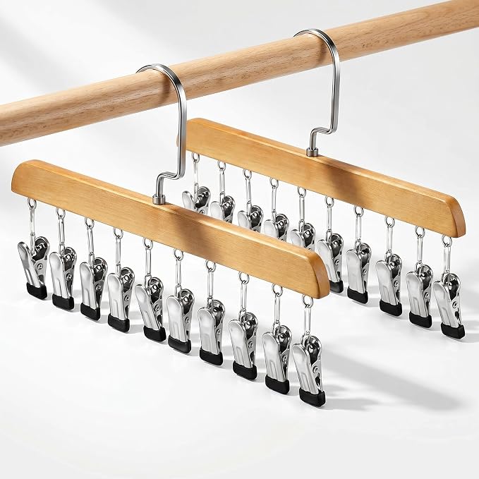 Novabright 2 Pcs Closet Organizers with 10 Clips Hat Pants Scarf Socks Hangers Wood Space Saving Rotating Hanging Hangers Clothespins with Padded Clips for Leggings Bra Tie Belt Jeans Skirt (Wood)