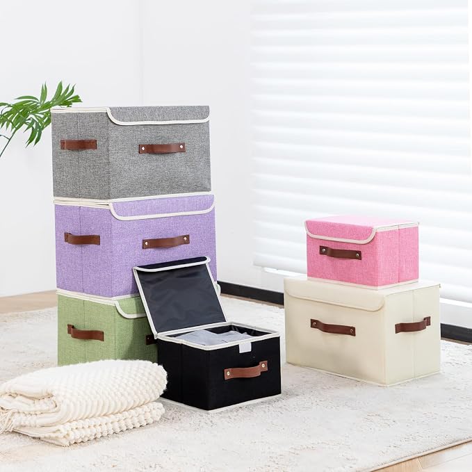 Collapsible Storage Boxes Baskets with Lid Cotton Linen Fabric Storage Bins with Faux Leather Handles Decor Washable Cube Organizer Container for Home Closet Bedroom (Purple, Large Size)