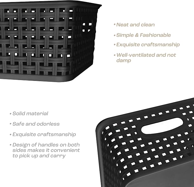 Black Storage Baskets, 12-Pack Stackable Plastic Woven Basket Organizer and Storage, Pantry baskets for Shelves, Cabinets, Classroom, Kitchens, Bathrooms, Countertops and Bedrooms