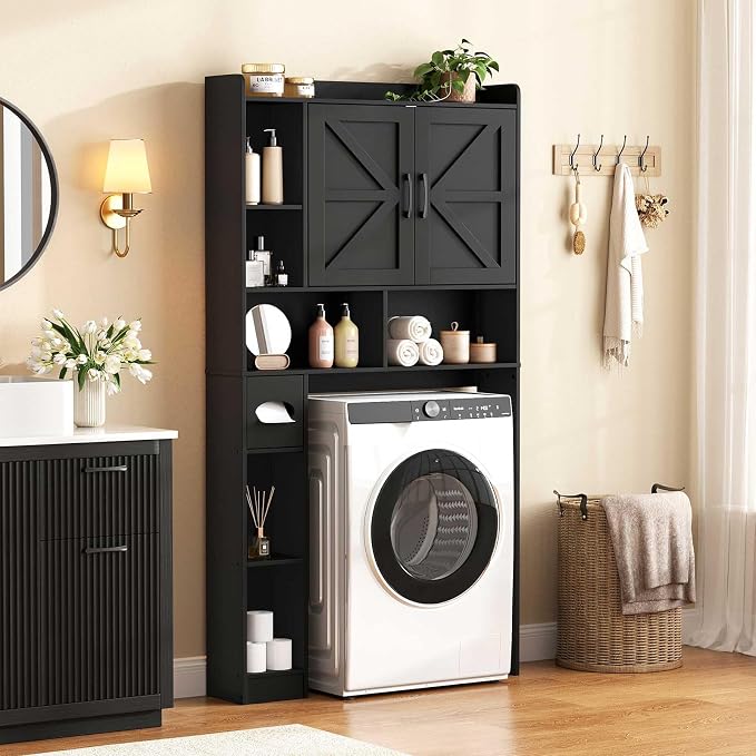 Vabches Over The Toilet Storage Cabinet with 2 Barn Doors, Black | Farmhouse Storage Cabinet with Toilet Paper Holder Stand，Home Space-Saving Toilet Rack, for Bathroom, Restroom, Laundry