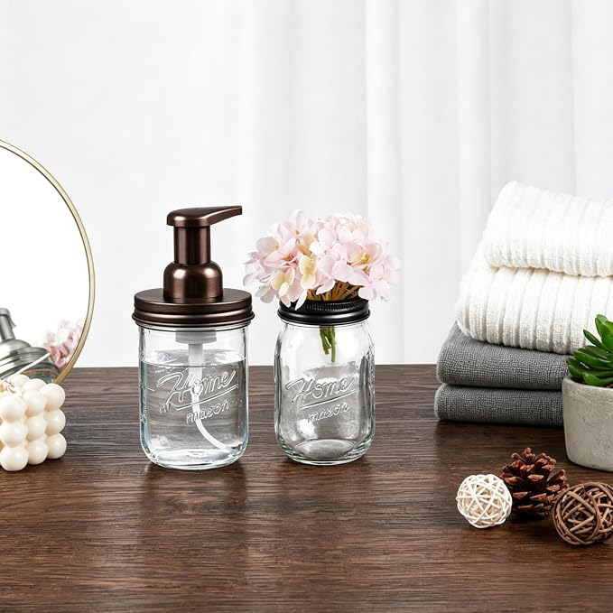 SheeChung Mason Jar Foaming Soap Dispenser, Glass Foaming Hand Soap Dispensers, Stainless Steel Lid, Refillable Foam Soap Dispenser for Bathroom Kitchen, Farmhouse Bathroom Decor (1 Pack, Bronze)