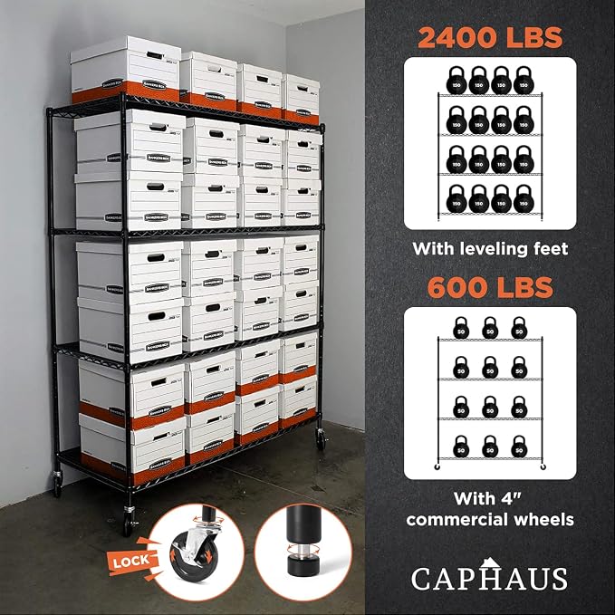 CAPHAUS 4-Tier Commercial Grade Heavy Duty Adjustable Height Wire Shelving w/Wheels & Leveling Feet, Storage Metal Steel Shelf, Garage Shelving Storage, Utility Wire Rack Storage Shelving Unit, 60" W