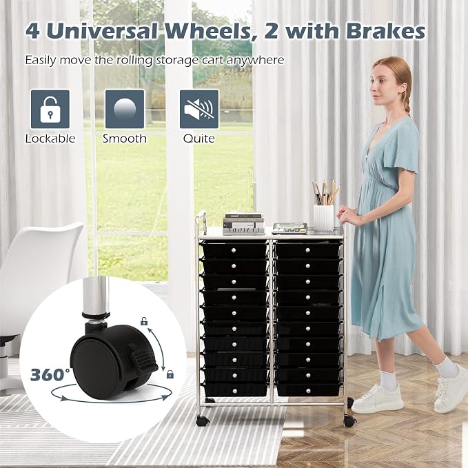 DREAMADE Rolling Cart With Storage Drawers, Utility Cart With Removable Plastic Drawers, Lockable Wheels for Classroom Organization, Art Supplies, Office, Scrapbook (20 Drawers, Black)