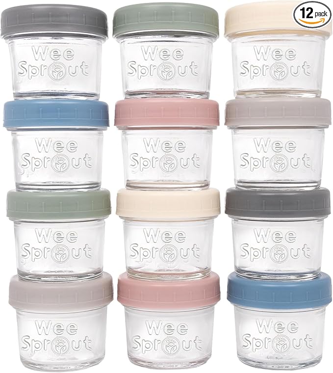 WeeSprout Glass Baby Food Storage Jars w/Lids (4 oz, 12 Pack Set) Snack, Puree, Reusable Small Containers, Breast Milk, Fridge or Freezer, Microwave & Dishwasher Safe, Essential Must Have for Infants