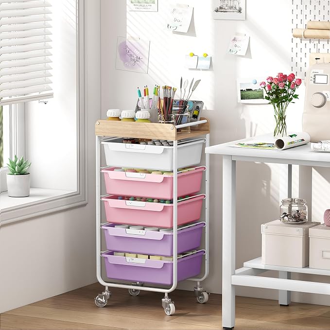 SYKIARIOL Utility Cart with 5 Labeling Drawers and Wooden Tabletop – Rolling Storage Cart for Crafters, Artists, Kids, Teachers, and Students – Organize Arts, Crafts, Sewing & Study Supplies