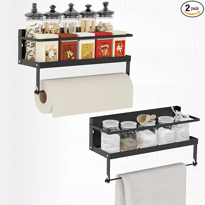 Magnetic Spice Rack Organizer for Refrigerator, 2 Pack, Paper Towel Holder Magnetic with Hooks, Multi Use Kitchen Shelf, 12.8"x4.3"x6.3", Black