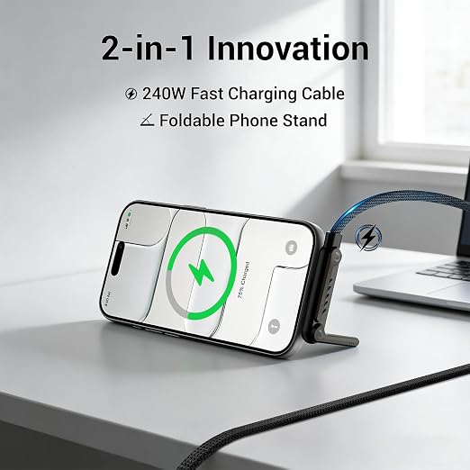 Invisible Holder Charger Cable, 65W PD Fast Charging Cable for Desk, USB-A & Type-C to Cable 4.9 FT with 360° Adjustable Metal Stand, 2 in 1 Holder Charger for Gaming, Office, Home