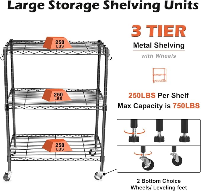 WDT 3-Tier Storage Shelves, Heavy Duty Metal Shelves Wire Rack Shelving Unit, Adjustable Shelf with Wheels for Home Office Garage Kitchen Bathroom, 24" D x 14" W x 32" H