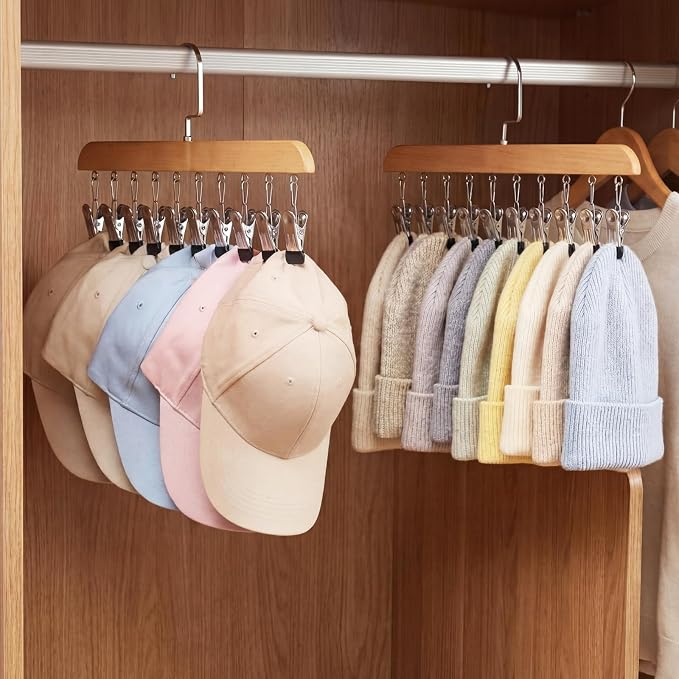 Novabright 4 Pcs Closet Organizers with 10 Clips Hat Pants Scarf Socks Hangers Wood Space Saving Rotating Hanging Hangers Clothespins with Padded Clips for Leggings Bra Tie Belt Jeans Skirt (Wood)
