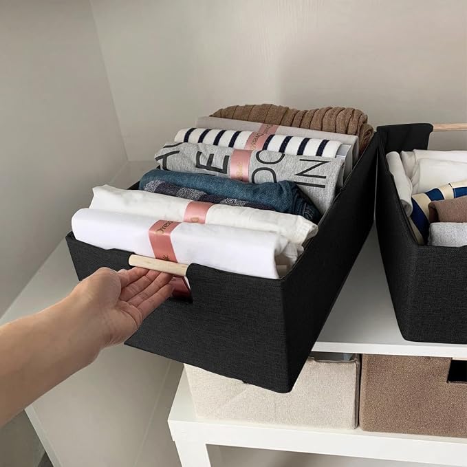 xianshengle Fabric Storage Basket for Shelves, Collapsible Storage Bins with wood Handles, Rectangle Closet Baskets, Wardrobe Organiser, for Sorting Clothes, Family Items (Black) (2)