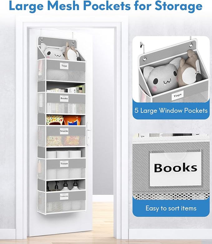 Optish Over The Door Organizer Hanging, 2 Pack 5 Shelf Behind The Doors Storage, Pantry Door Organizer, Closet Organizers for Bedroom and Nursery (Grey)